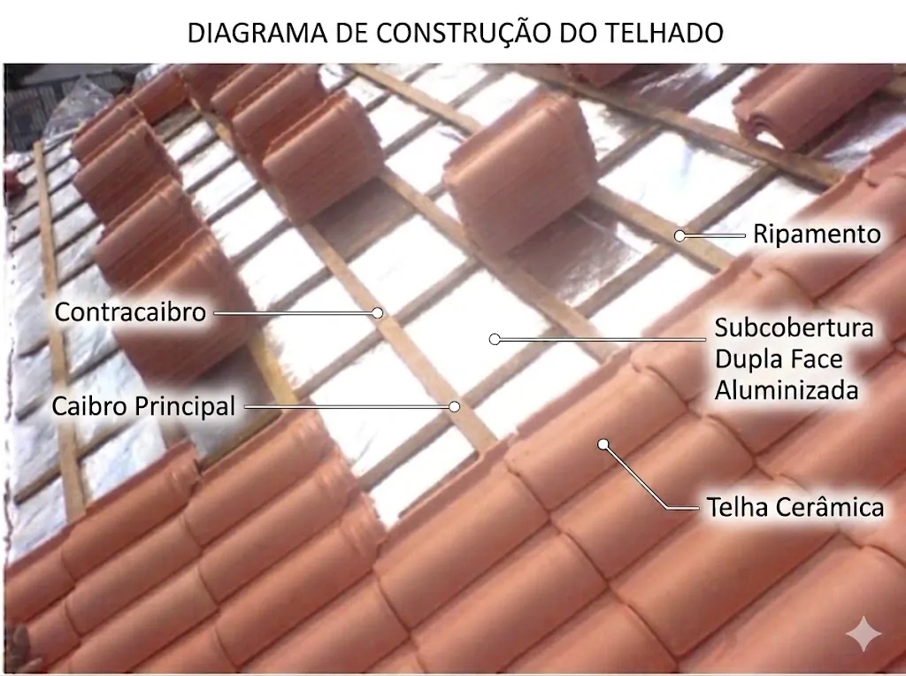 Diagrama técnico de construção de telhado com subcobertura da Elite Telhados