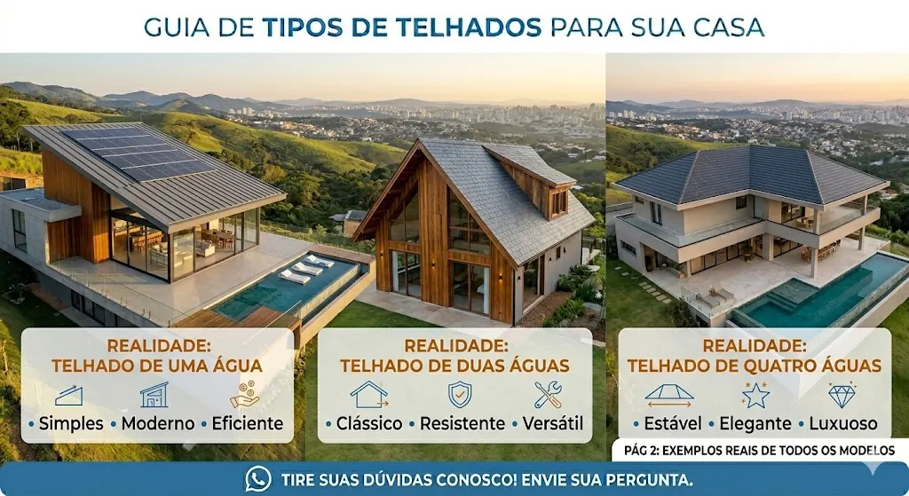 Guia visual com telhados de uma água, duas águas e quatro águas
