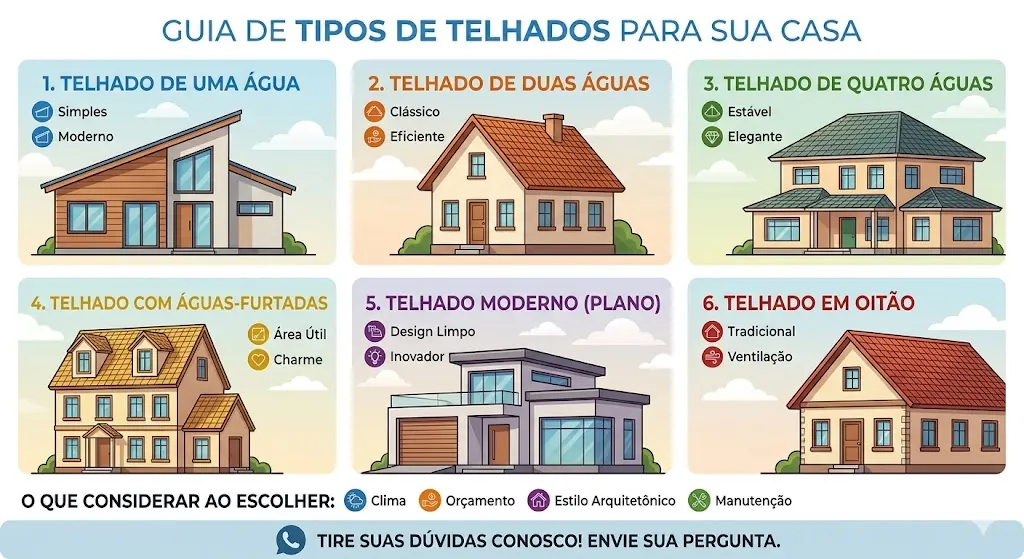 Modelos de telhados residenciais: uma água, duas águas, quatro águas, águas furtadas, plano e oitão